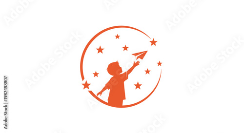 Child launching paper airplane towards stars