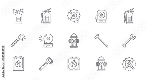 Collection of firefighting and fire safety line art icons on a white background.
