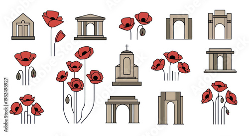 Remembrance Day poppies and war memorial icons