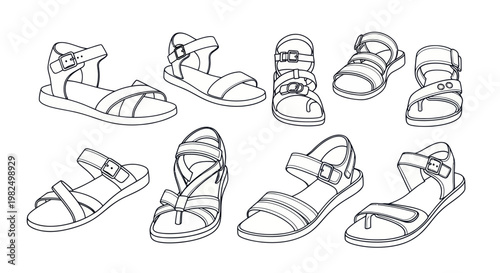 Collection of diverse summer sandals in outline style