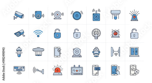Smart home security and automation system flat line icons set.