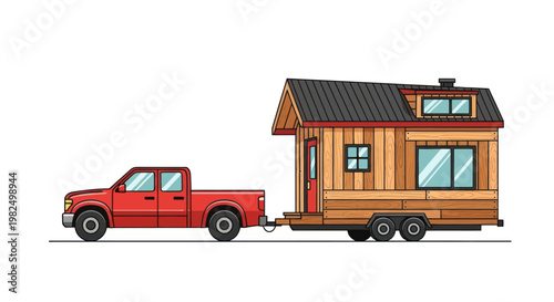 Red pickup truck towing a wooden tiny house on a trailer on white background