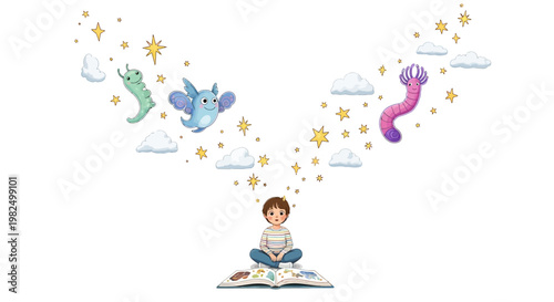 A young boy is depicted sitting cross-legged on a book, reading with a whimsical illustration style, as fantastical creatures, stars, and clouds float upward from the pages against a clean