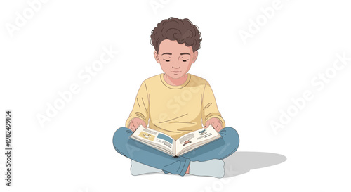 Illustration of a young boy with curly hair sitting cross-legged and attentively reading a book with colorful pictures against a clean white background, rendered in a bright and cheerful