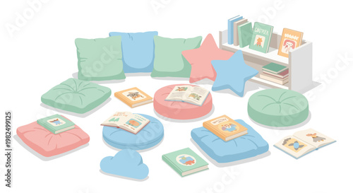 Isometric illustration displays a pastel-colored reading corner with cushion seats, star-shaped pillows, and a small bookshelf holding children's books, all set against a clean white