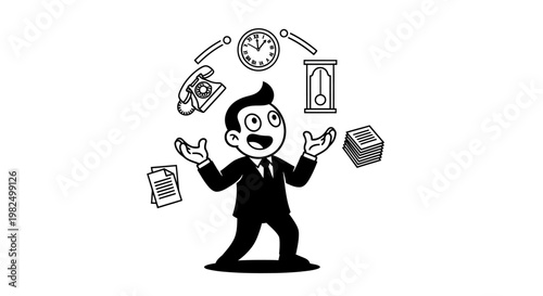 Businessman juggling multiple office tasks.