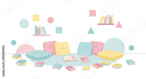 A cozy reading nook illustration featuring pastel cushions and open books arranged on a rug, with geometric shapes and bookshelves against a white background, rendered in a soft, minimalist