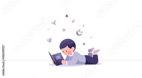 Illustrated young boy lying on his stomach reading a book with floating shapes and stars above him, depicted in a clean, minimalist style against a white background, creating a calm
