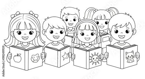 A cheerful group of cartoon children are depicted reading books with various symbols on them in a black-and-white outline illustration against a plain backdrop, creating a playful