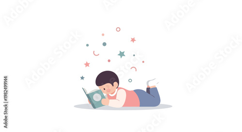 Lying down against a white background, a young boy reads with stars floating above him in a colorful illustration with soft pastel tones conveying a magical and whimsical mood for learning