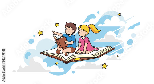 Illustrated scene of two children sitting cross-legged on an open book that is soaring through a sky filled with clouds and stars, rendered in a cartoon style with bright, cheerful colors