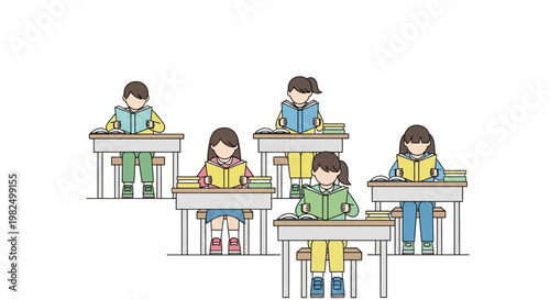 Minimalist illustration of young students reading books at their desks in a classroom with a clean white background, featuring simple line work and a cheerful mood conveyed by the bright