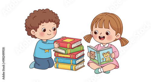 Cartoon illustration of two happy children, one stacking books and the other reading with a cheerful expression, presented in a clean, vibrant style against a plain white background