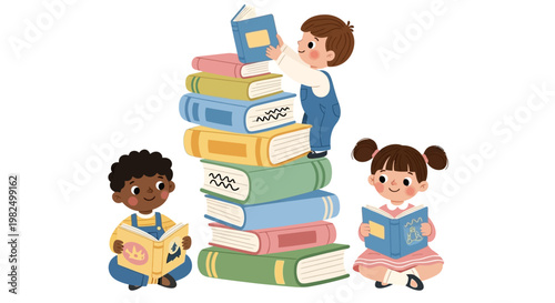 Illustration showing children happily reading books, with one climbing a large stack of colorful books in a playful composition against a clean white background, conveying a joyful