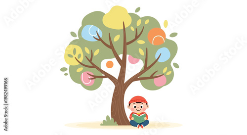 Illustration of a child reading a book under a tree with colorful fruit against a white background, rendered in a playful cartoon style with bright, cheerful colors and a whimsical