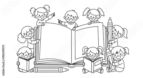 Monochrome illustration of cheerful cartoon children surrounding an open book, rendered in a clean, line art style, with girls reading and pointing against a white backdrop