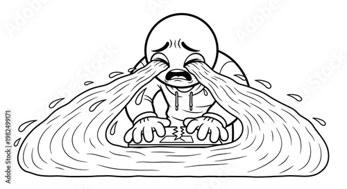 Crying man with water pouring down.