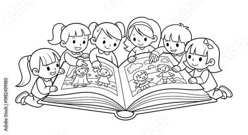 A group of cheerful cartoon children are intently looking at a large open book with detailed illustrations, presented in a clean line art style against a stark white background