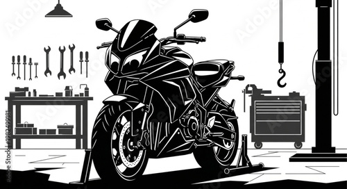 Modern Sport Motorcycle In A Workshop Ready For Service.