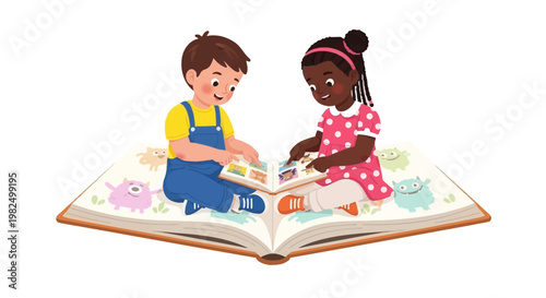 A cheerful boy and girl are sitting on an open storybook, reading together, rendered with bright, cartoonish vector illustration style and set against a clean white background