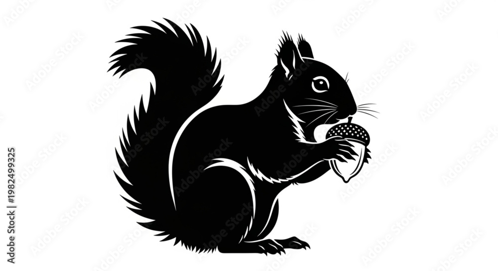 Fototapeta premium Black squirrel holding an acorn in its paws.