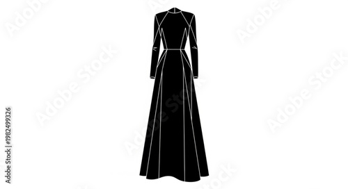 Elegant black gothic long dress with silver accents and high collar.