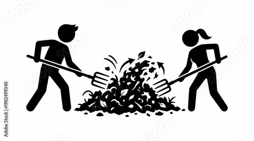 People Raking Leaves Together in Autumn