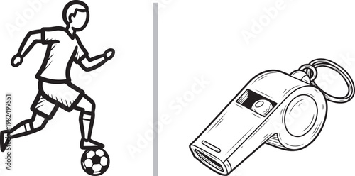 Soccer player running with ball and referee whistle vector illustration for sports coaching and competition concepts