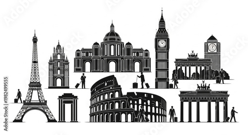 Famous European Landmarks Silhouette Collection.