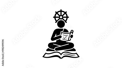 Meditating Figure with Dharma Wheel and Scripture