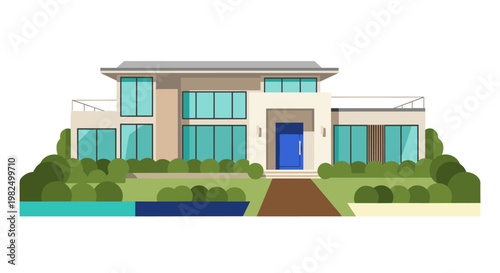Luxurious modern residence depicted with clean lines, teal windows, and a vibrant blue door, set amidst lush green landscaping and a manicured lawn, representing architectural