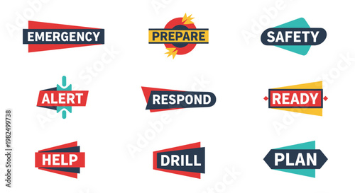 Nine distinct, colorful, and modern emergency response wordmarks, including 'emergency', 'prepare', 'safety', 'alert', 'respond', 'ready', 'help', 'drill', and 'plan', all created