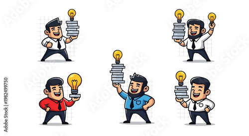 Businessman holding lightbulb and stack of documents creative concept