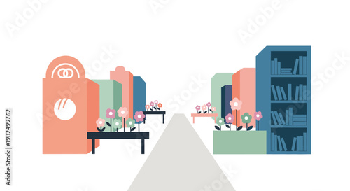 A serene, minimalist cityscape with stylized buildings, vibrant flowerbeds, and a central path, rendered in a pastel color palette, creating a tranquil urban scene, ideal for