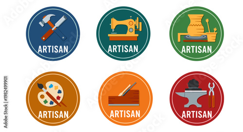 Artisan craft tools presented within circular badges, showcasing hammer, sewing machine, pottery wheel, painter's palette, woodworking plane, and blacksmith's anvil, all labeled