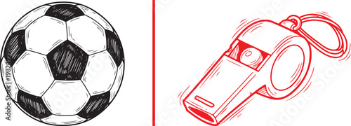 Soccer ball and red referee whistle hand drawn vector illustration for sports coaching and competition