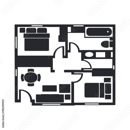 Black and white architectural floor plan of a small two-bedroom apartment with furniture layout.