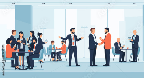 Business professionals networking and socializing in a modern office environment, engaging in discussions, handshakes, and coffee breaks, creating a vibrant atmosphere with a