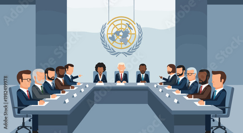 Formal meeting of international delegates seated around a large conference table, discussing global issues, with neutral tones, clean lines, and a minimalist aesthetic. the united