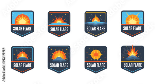 Eight vibrant solar flare emblems, showcasing sunbursts and fiery explosions within geometric badge designs, featuring various color palettes of orange, yellow, and blue, perfect