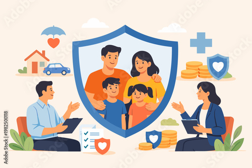 Family Insurance Protection Concept with Parents and Kids inside a Shield. Professional Agents Discussing Life, Health, Home, and Car Insurance Plans for Financial Security and Safety.