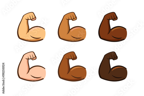 Flexed arm muscle icon set with multiple skin tones in cartoon and flat styles. Strong biceps showing power, strength, and fitness. Isolated on white background for gym and bodybuilding themes.