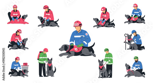Dedicated rescue workers perform various tasks with trained search dogs in a flat, minimalist style. these professionals, wearing red, blue, and green uniforms, interact with the