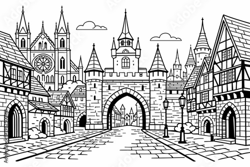 Detailed line art vector illustration of a historic European medieval town with Gothic architecture, featuring a cobblestone street, a grand castle gate, a cathedral, and half-timbered houses.
