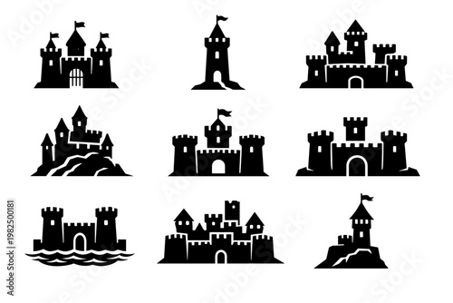 Set of Medieval Castle Icons and Bold Silhouettes of Fortresses and Towers for Graphic Design. Simple Flat Vector Illustrations of Royal Strongholds, Kingdoms, and Ancient Stone Buildings.