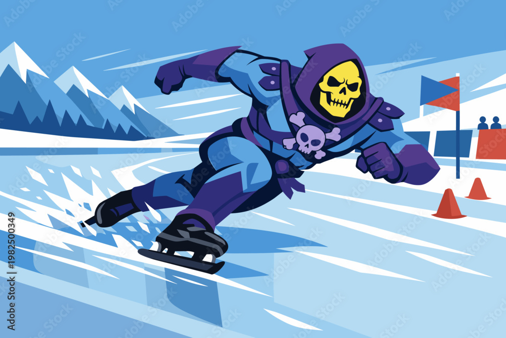 Naklejka premium Flat vector illustration of Skeletor as a speed skater competing in a winter sports race on an ice rink with snowy mountains, featuring the iconic skull villain in an extreme athletic pose.