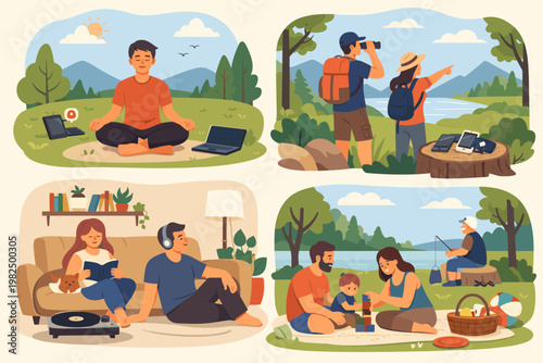 People practicing digital detox and mindful technology habits by disconnecting from devices to enjoy nature, meditation, reading, and family time in a set of colorful cartoon vector scenes.