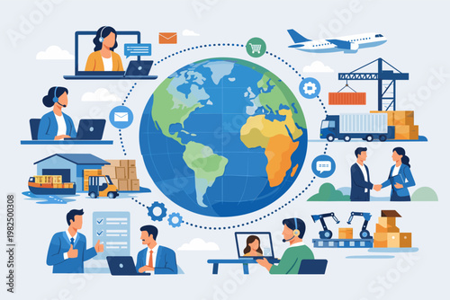 Professional Global Business Outsourcing and Vendor Management Concept Illustration with People Working Virtually, Supply Chain Logistics, International Trade, Manufacturing, and Customer Support.