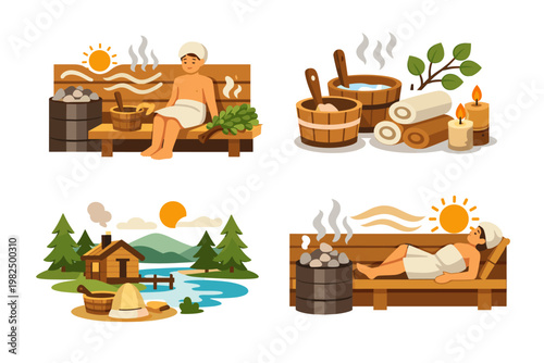Flat vector illustration set of sauna relaxation scenes featuring people enjoying steam heat, traditional wooden cabin by a lake, spa accessories like buckets, towels, candles, and hot stones.