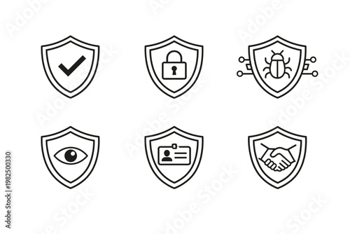Cybersecurity and Data Protection Shield Icon Set Featuring Verified Checkmark, Secure Padlock, Antivirus Malware Bug, Privacy Eye, Identity Authentication ID Card, and Trust Handshake Symbols